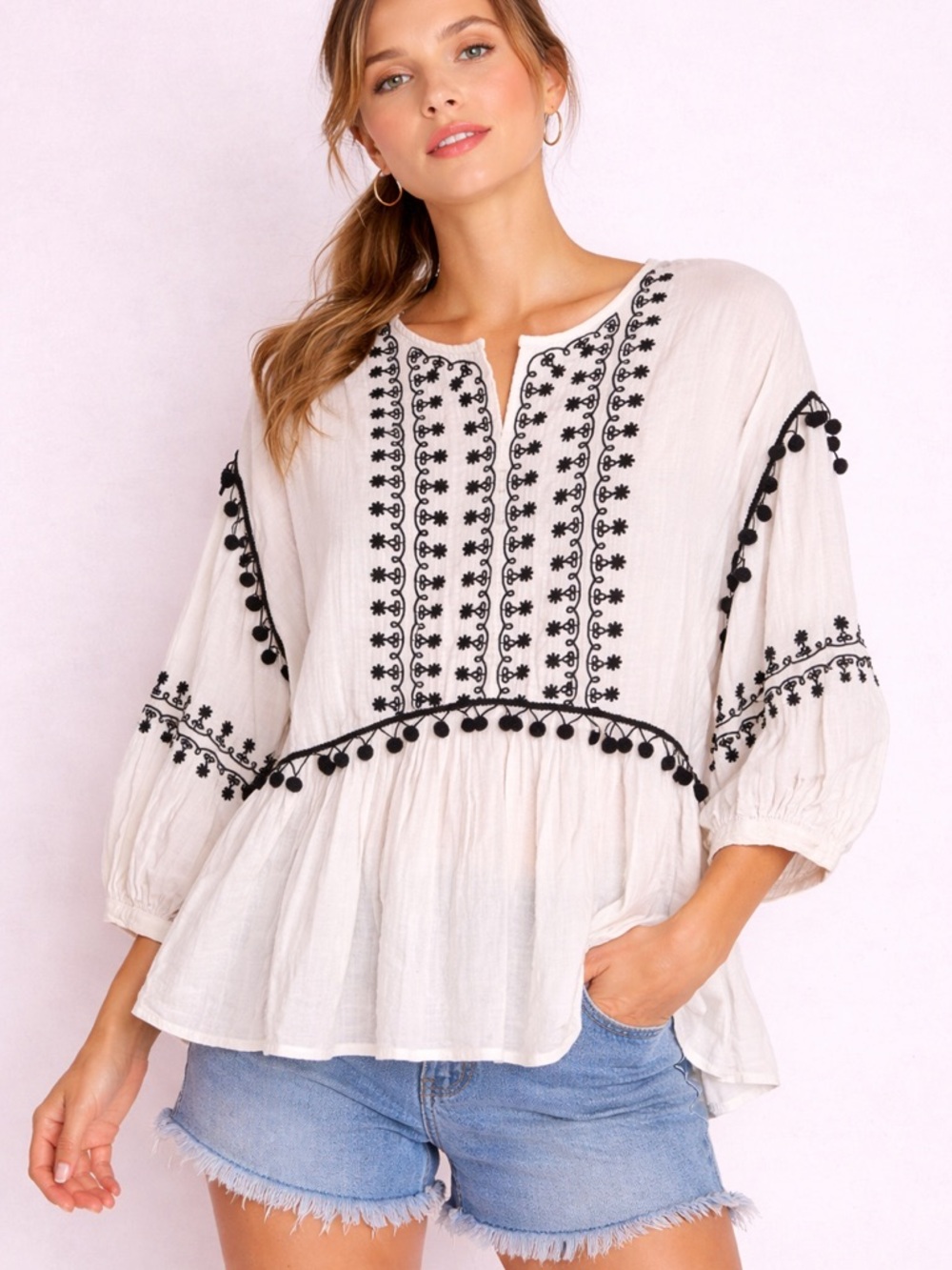 Zara Trafaluc Boho Embroidered Blouse | Pom Trim Peplum Top | Size L - Picture 2 of 7